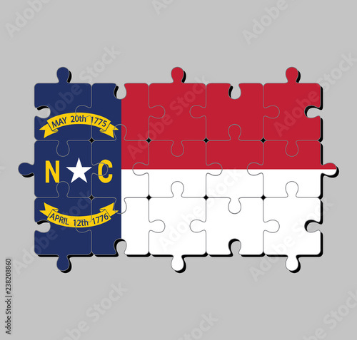 Jigsaw puzzle of North Carolina flag in blue union, a white star with N and C, the circle containing the same to be one-third. The states of America, Concept of Fulfillment or perfection.