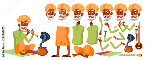 Indian Old Man Vector. Senior Person Portrait. Elderly People. Aged. Animation Creation Set. Face Emotions, Gestures. Hindu. Asian. Joy. Presentation. Animated. Isolated Cartoon Illustration