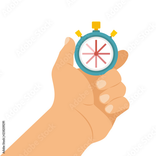 Hand holding a stopwatch, stopwatch in hand. Hand holds stopwatch, measuring device. Stopwatch in hand icon. Sport timer on competitions. Vector illustration.