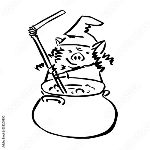 vector cartoon witch pig and big cauldron