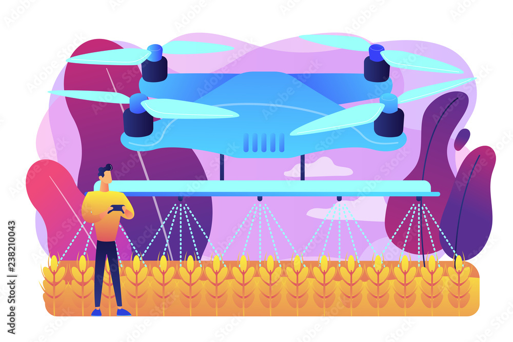 Naklejka premium Smart farmer controlling agriculture drone spraying or watering crops. Agriculture drone use, precision farming, new agriculture trend concept. Bright vibrant violet vector isolated illustration