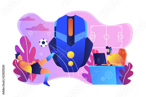 Gamer with headset at computer taking part in online football tournament