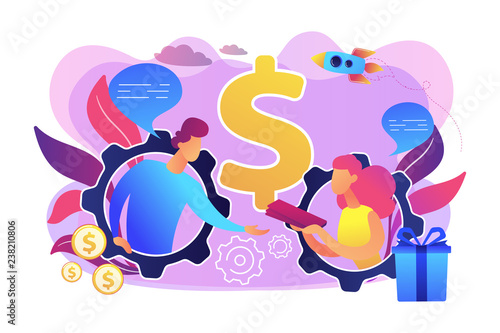 Salesperson trying to persuade customer in buying product. Personal selling, face-to-face selling technique, sales method trends concept. Bright vibrant violet vector isolated illustration