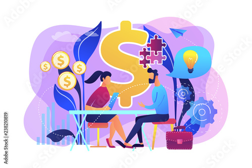 Salesperson suggesting a solution idea to consumers problem. Consultative sales, customer-oriented selling, trendy sales method concept. Bright vibrant violet vector isolated illustration