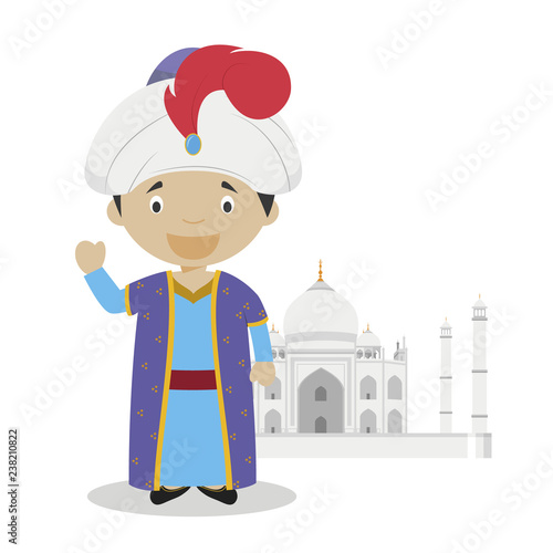 Mughal cartoon character with Taj Mahal illustration. Vector Illustration. Kids History Collection.