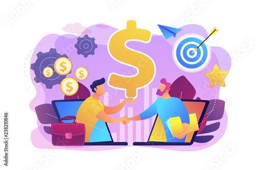 B2B sales person selling products and services to buyer in laptop. Business-to-business sales, B2B sales method, wholesale business trend concept. Bright vibrant violet vector isolated illustration