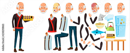 Asian Old Man Vector. Senior Person Portrait. Elderly People. Aged. Animation Creation Set. Face Emotions, Gestures. Funny Pensioner. Leisure. Cover Design. Animated. Isolated Cartoon Illustration
