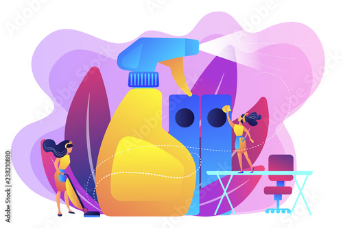 Commercial cleaning company janitors tidy up office with spray. Commercial cleaning, cleaning industry service, maintenance market resarch concept. Bright vibrant violet vector isolated illustration