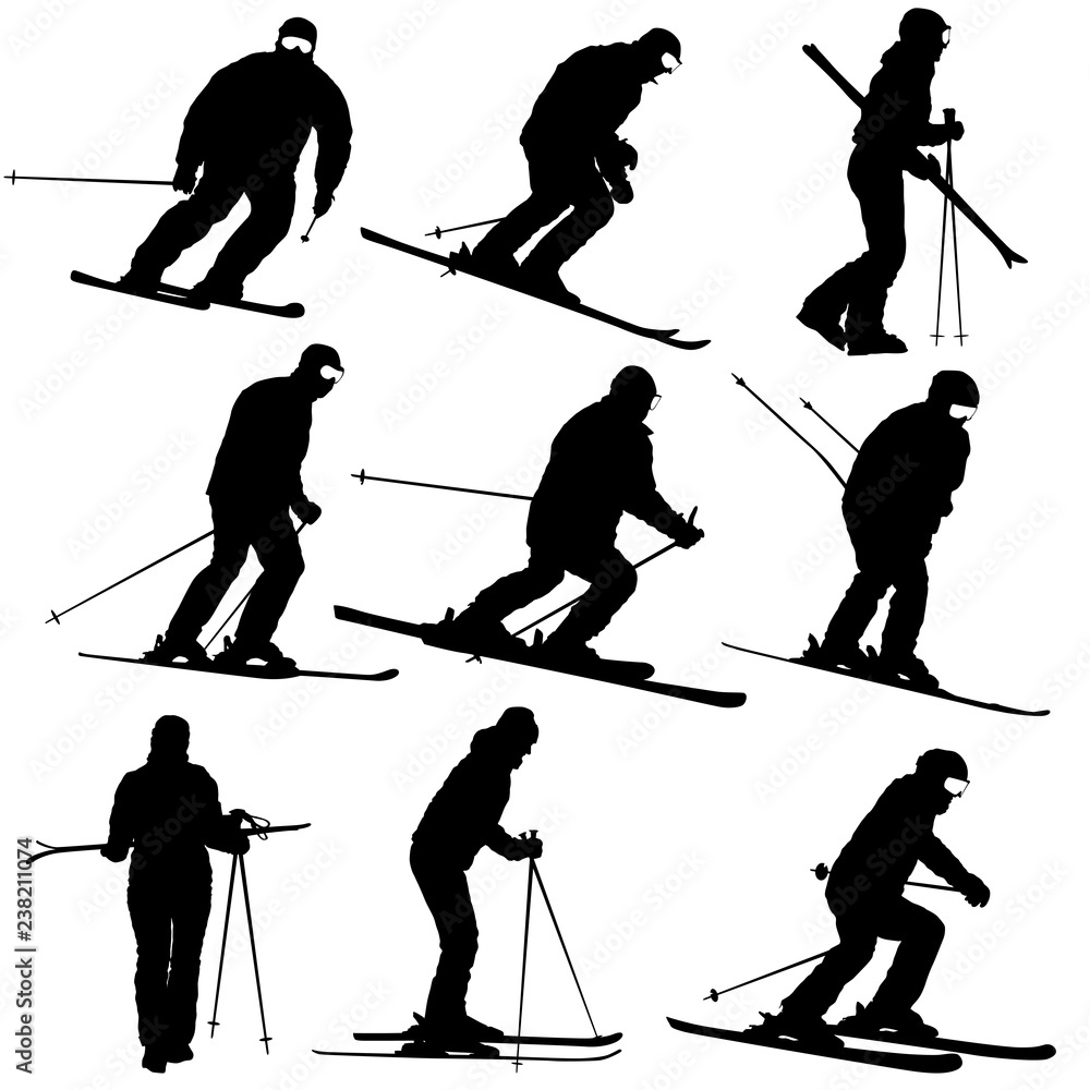 Set mountain skier speeding down slope sport silhouette