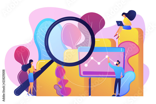 Marketers with magnifier research marketing opportunities chart. Marketing research, marketing analysis, market opportunities and problems concept. Bright vibrant violet vector isolated illustration