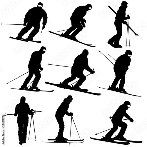 Set mountain skier speeding down slope sport silhouette