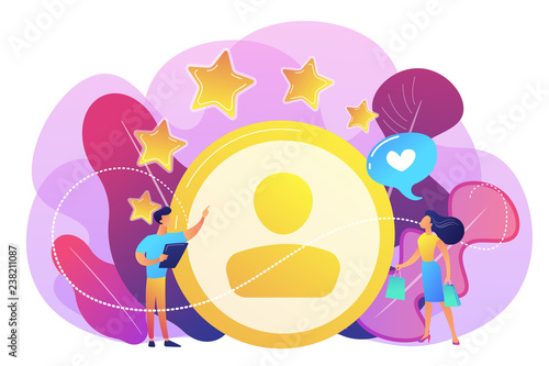 Marketer measuring customer satisfaction and rating stars. Satisfaction and loyalty analysis, customer retention increasing, marketing tools concept. Bright vibrant violet vector isolated illustration