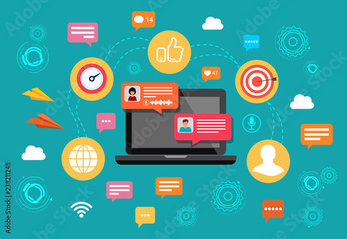 Concept nline chat laptop with chatting bubble notifications. People messaging on internet. Vector illustration