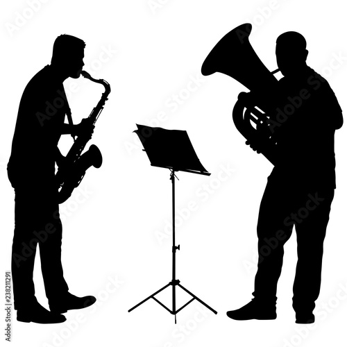 Silhouette of musician playing the saxophone and tuba on a white background