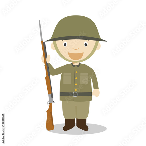First World War soldier cartoon character. Vector Illustration. Kids History Collection.