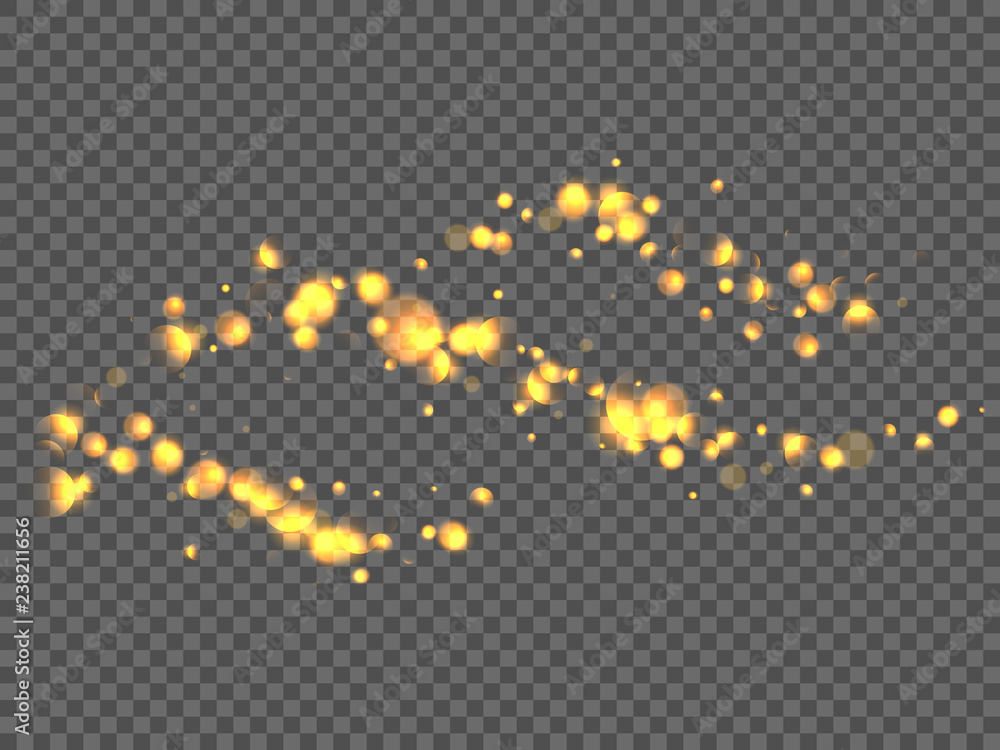 Magic yellow sparkling elements with bokeh glowing light effect. Isolated on transparent background. Decoration for holiday design. Vector illustration.