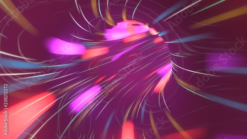 Flight over neon light tunnel. Cyberspace wormhole sci fi space travel. 3d render motion design of spaceship warp flight. photo