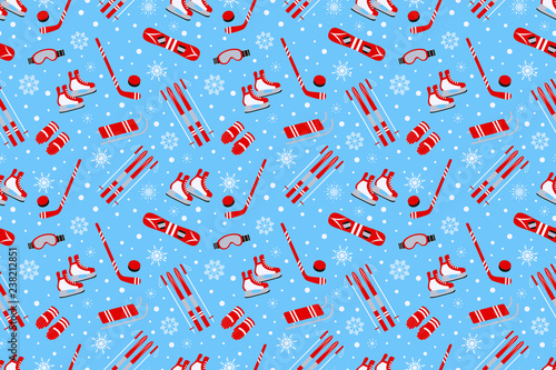 Winter sports background. Sporting equipment vector seamless pattern. outdoors playing repeat texture. Activities wallpaper for season decoration, wrapp paper, clothes prints.