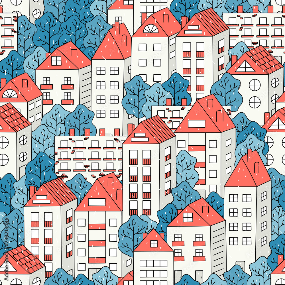 Urban landscape: houses, trees and snow. Hand-drawn seamless pattern. Vector. Urban landscape: houses, trees and snow. Hand-drawn seamless pattern. Vector.
