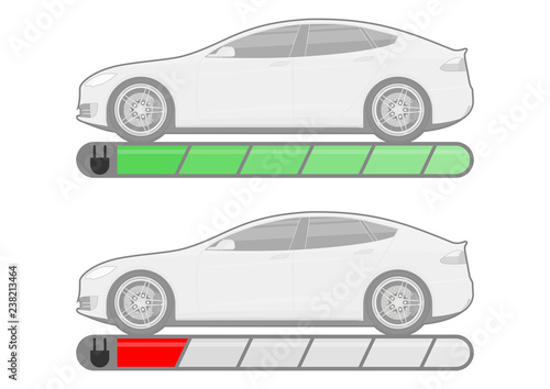 Electric car with battery status indicator. Electromobility concept. Side view. Flat vector.