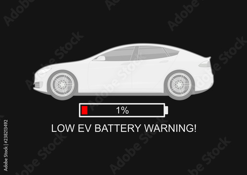 Electric car with battery status indicator. Electromobility concept. Side view. Flat vector.