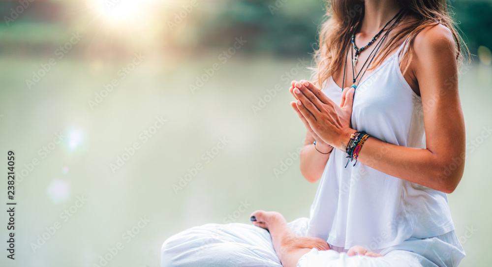 Mindfulness and Meditation. Yoga Woman. Hands in Prayer Position. - obrazy, fototapety, plakaty 