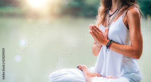 Mindfulness and Meditation. Yoga Woman. Hands in Prayer Position.