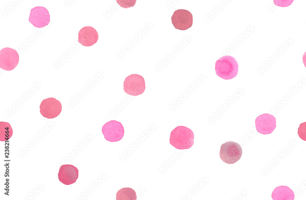 Seamless pattern with light pink polka dots painted in watercolor on white isolated background
