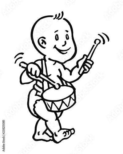 baby boy with diaper goes with drum and sticks black and white
