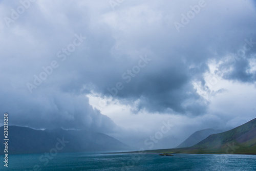 Dramatic storm clouds form over the West Fjords in Iceland