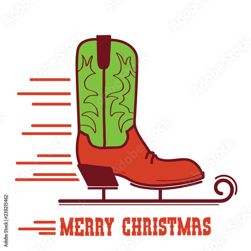 Cowboy Merry Christmas card .Cowboy ice skate boot illustration .