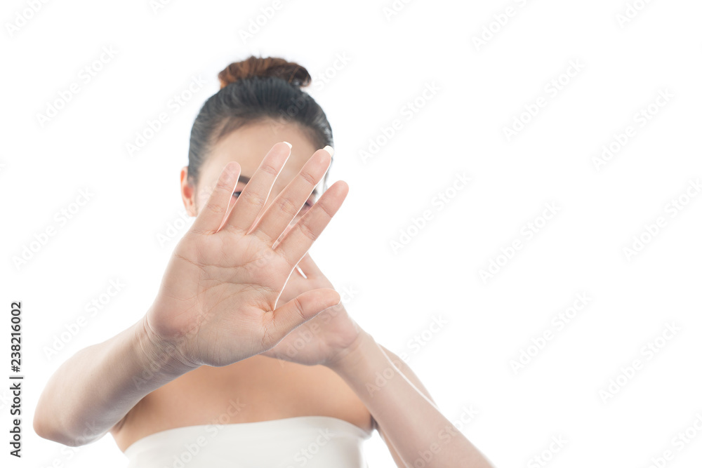 woman making stop gesture isolated on white background, woman making stop gesture isolated on white background,