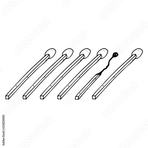 Burned match. Hand drawn row of wooden matches. Vector illustration.