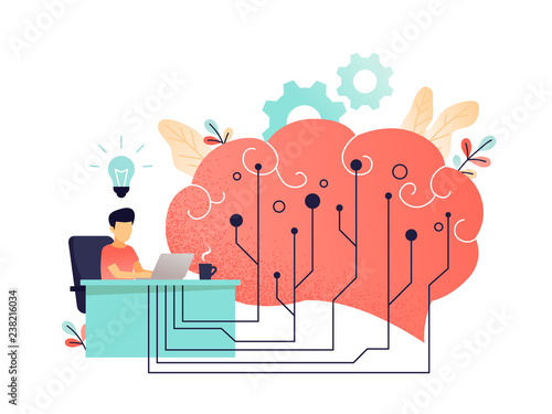 Brain with digital circuit and programmer with laptop. Machine learning, artificial intelligence, digital brain and artificial thinking process concept, living coral palette. Vector illustration.