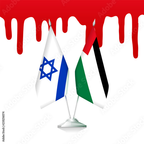 Flags of Palestine and Israel with the blood background. Conflict concept. Vector illustration