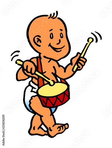 baby boy with diaper goes with drum and sticks cartoon