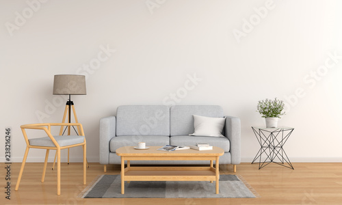 Gray sofa in white living room  3D rendering