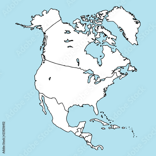 North America. Mainland. Map of North America. Vector illustration outline map of North America. Hand drawn atlas, globe, map of North America.