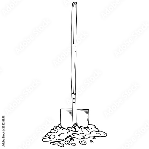 Shovel with the ground. Vector of a shovel with a wooden handle. Hand drawn shovel.