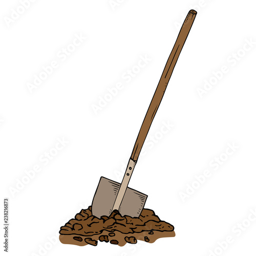 Shovel in the ground icon. Vector illustration of a shovel with a wooden handle. shovel in the ground.