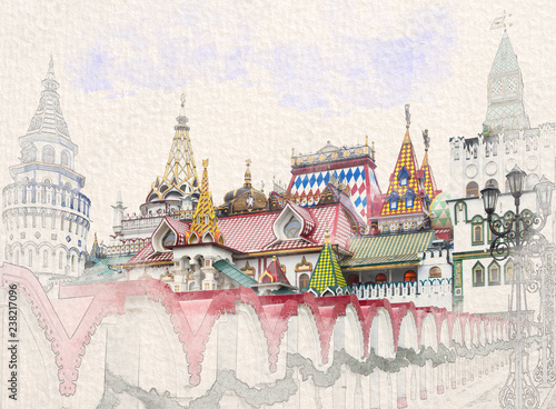 Photography Stylized by watercolor sketch painting of beautiful view of kremlin in Izmailovo, Moscow, Russia on a textured paper