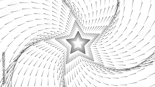 Vector infinite star tunnel of arrows. Glowing arrows form tunnel sectors. monochrome science field visualization of forces. Matrix of arows with magnitude and direction. Flow. Interaction.