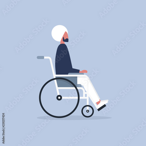 Young disabled indian character sitting in a wheelchair. Disability. Daily life. Flat editable vector illustration, clip art