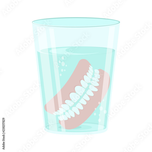 Dental prosthesis in a glass beaker with a special solution. Denture in a glass beaker Vector illustration
