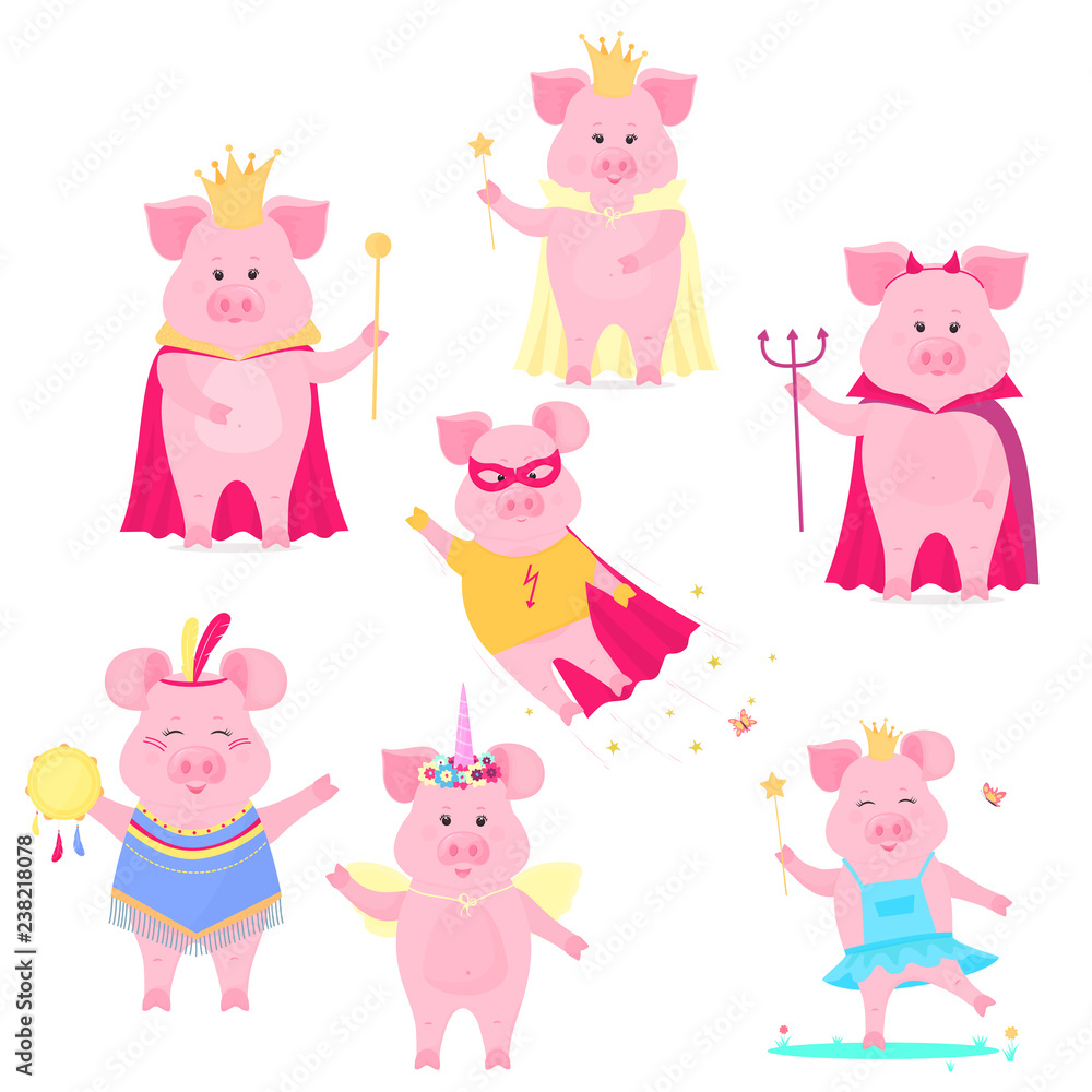 A set of funny pig characters. The king and queen, unicorn, superhero, devil on Halloween. Cute piggy. Vector hog.