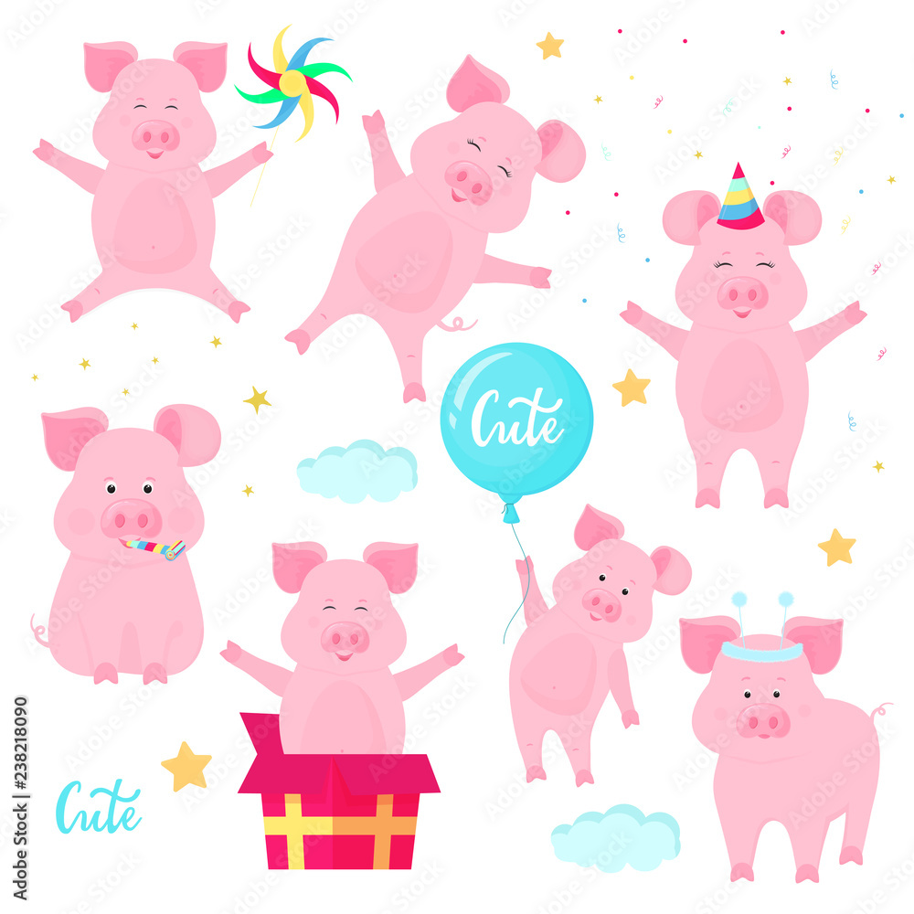 Funny pigs having fun. Cute piglets celebrate their birthday. Boars at a party.