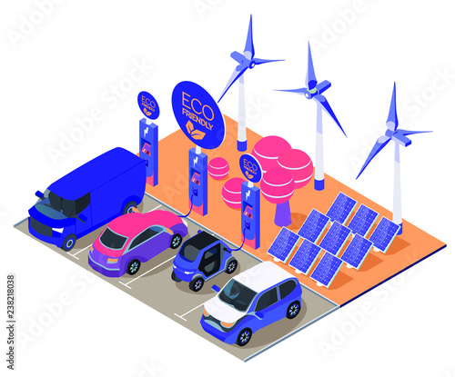 Vector banner with electric cars and charging station. Renewable energy sources. Solar panels and wind turbines. Isometric flat illustration of eco-friendly car charging station
