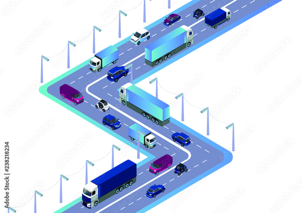 Plakat Droga z samochodami, ciężarówka używana do układu przepływu pracy, gry, diagramu, opcji liczbowych, projektowania stron internetowych i infografik. Izometryczne płaska ilustracja na białym tle