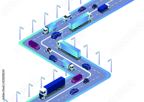 Road with cars, truck used for workflow layout, game, diagram, number options, web design and infographics. Isometric flat illustration on white background