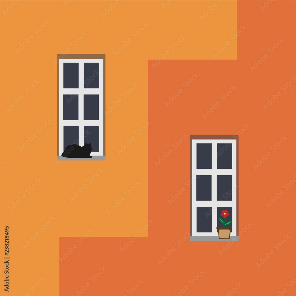 Window with a cat and window with a flower on a wall